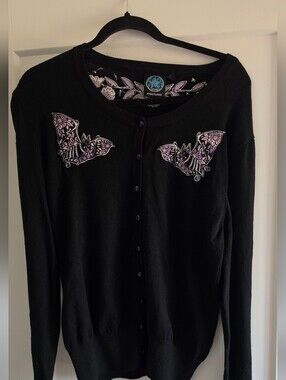 Too Fast Black Cardigan with Purple Bat Embroidery